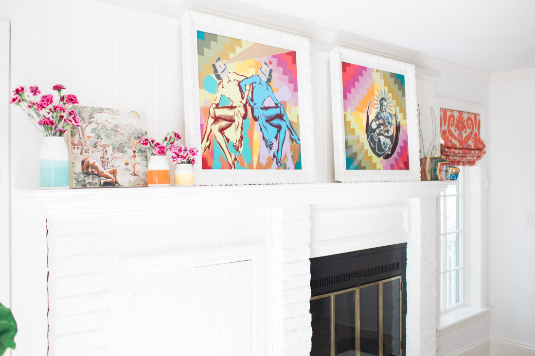 The mantlepiece of eva amurri martino's family room in connecticut, featuring art by Casey Grey and Edith Vonnegut