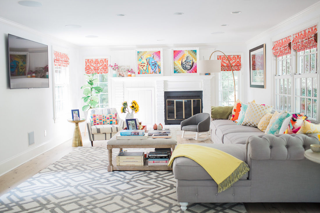 Eva Amurri Martino of blog REZTT's colorful and pattern-filled Family Room in her new connecticut home 