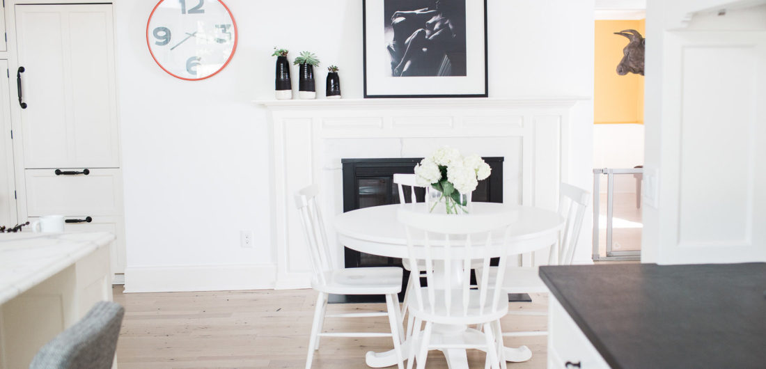 A view of the modern black and white kitchen table are of Eva Amurri Martino's connecticut home