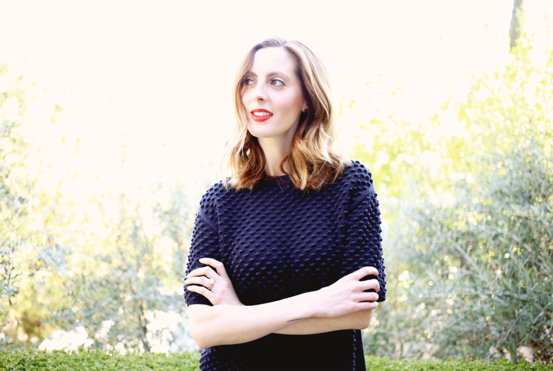 Eva Amurri Martino of the REZTT blog wearing a navy blue tory burch sweater and red lipstick