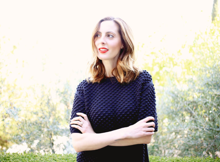 Eva Amurri Martino of the REZTT blog wearing a navy blue tory burch sweater and red lipstick