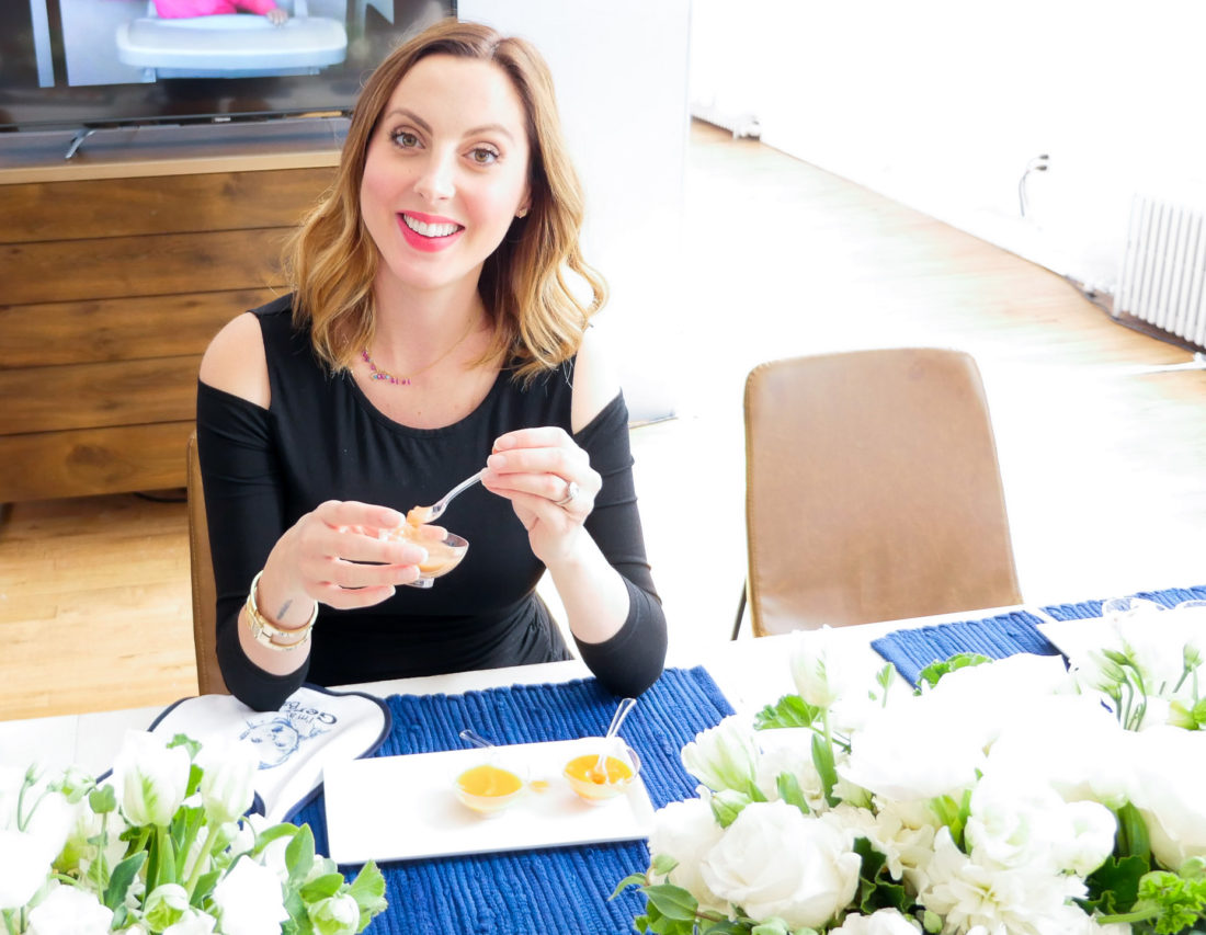 Eva Amurri Martino of lifestyle and motherhood blog REZTT taste-testing new flavors at the Gerber Babies event in NYC