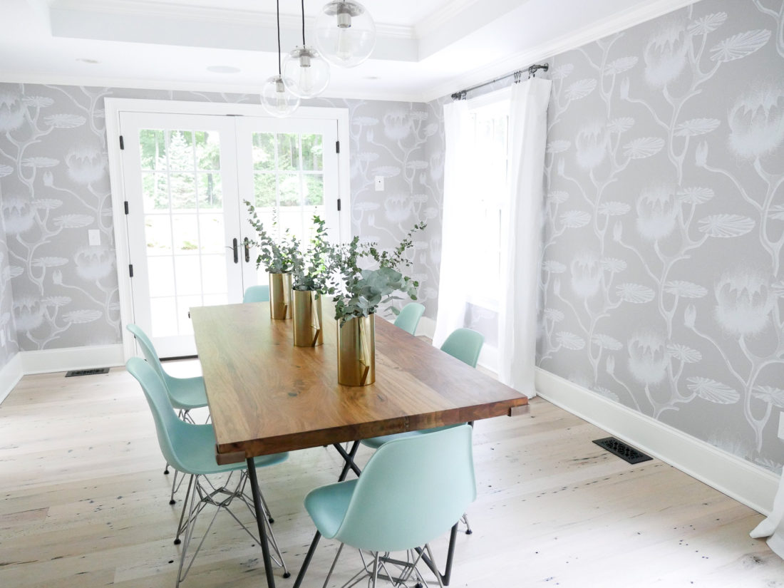 Eva Amurri martino's newly redesigned dining room in her connecticut home, featuring a light and bright california vibe with industrial accents