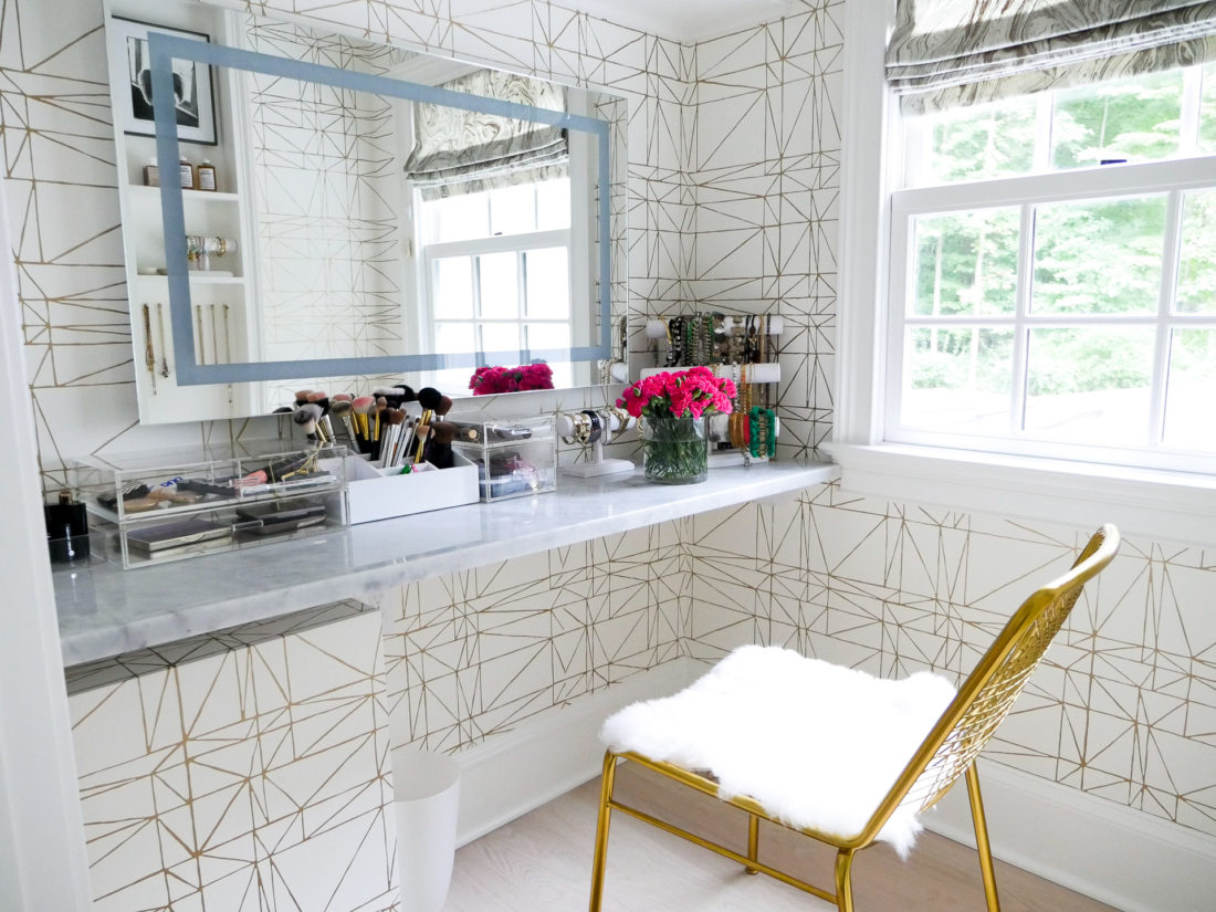 Eva Amurri Martino's Glam room in her new connecticut home, featuring a metallic ultra feminine theme