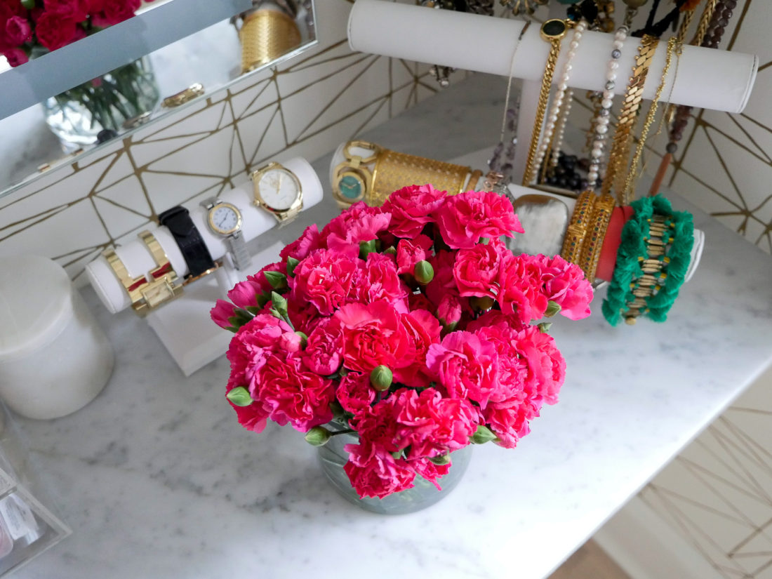 Close up of the jewelry display in Eva Amurri Martino's glam room in her connecticut home