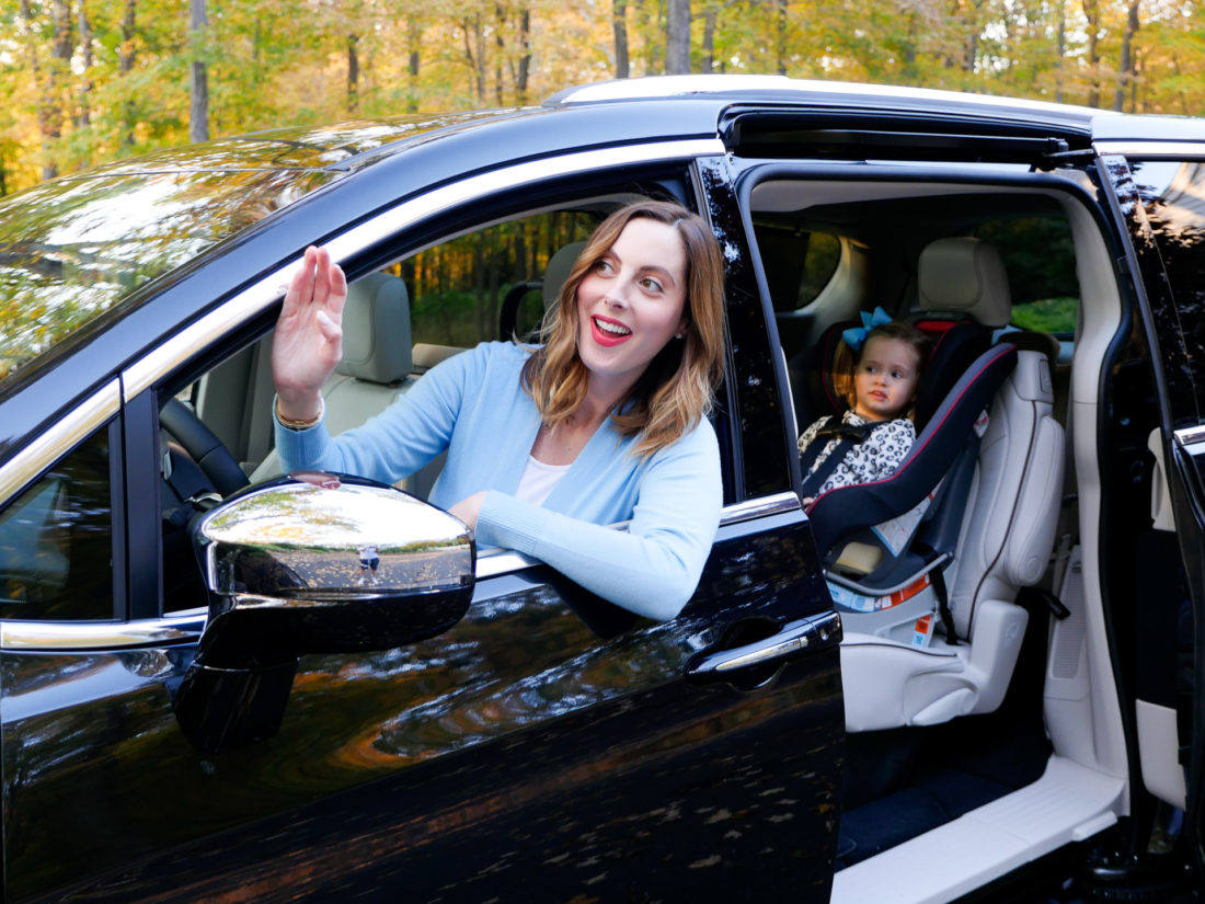 Eva Amurri Martino drives her black Chrysler Pacifica with daughter Marlowe in the car