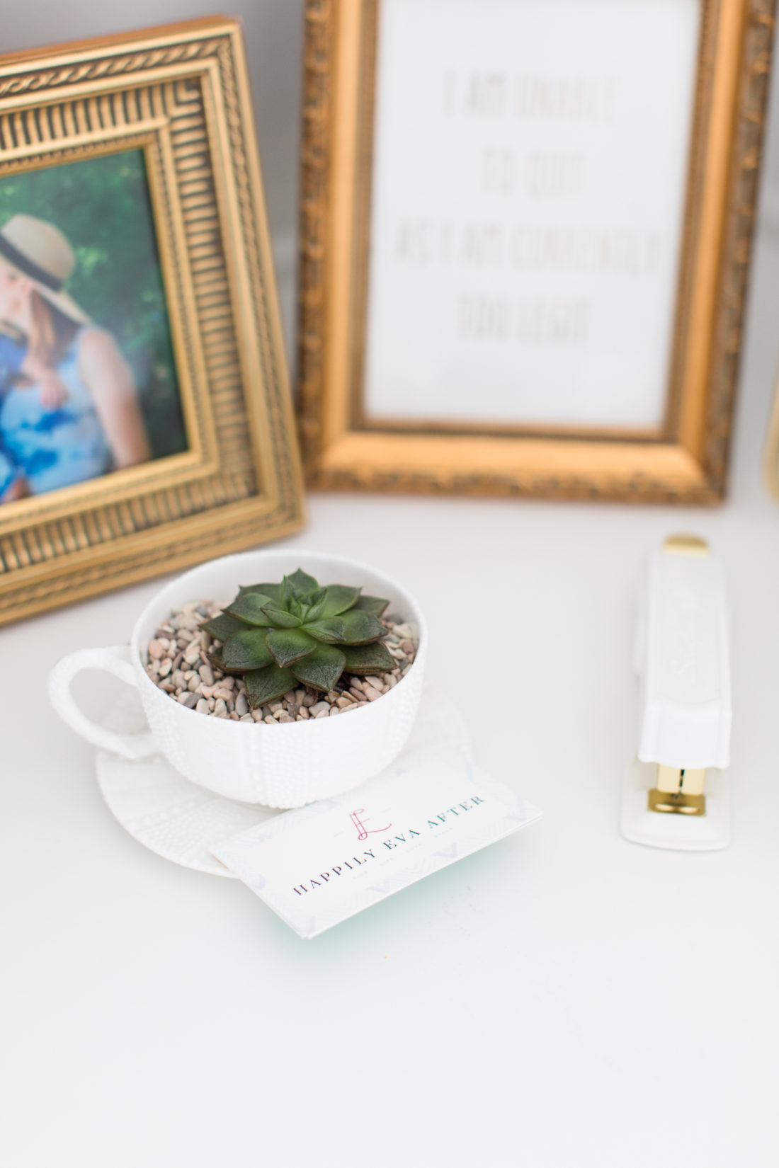 White and gold desk accessories in Eva Amurri Martino's REZTT studio