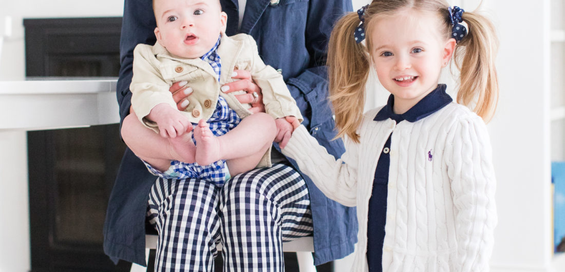 Eva Amurri Martino of lifestyle and motherhood blog REZTT, sits in the kitchen of her Connecticut home with two year old daughter Marlowe and five month old son Major