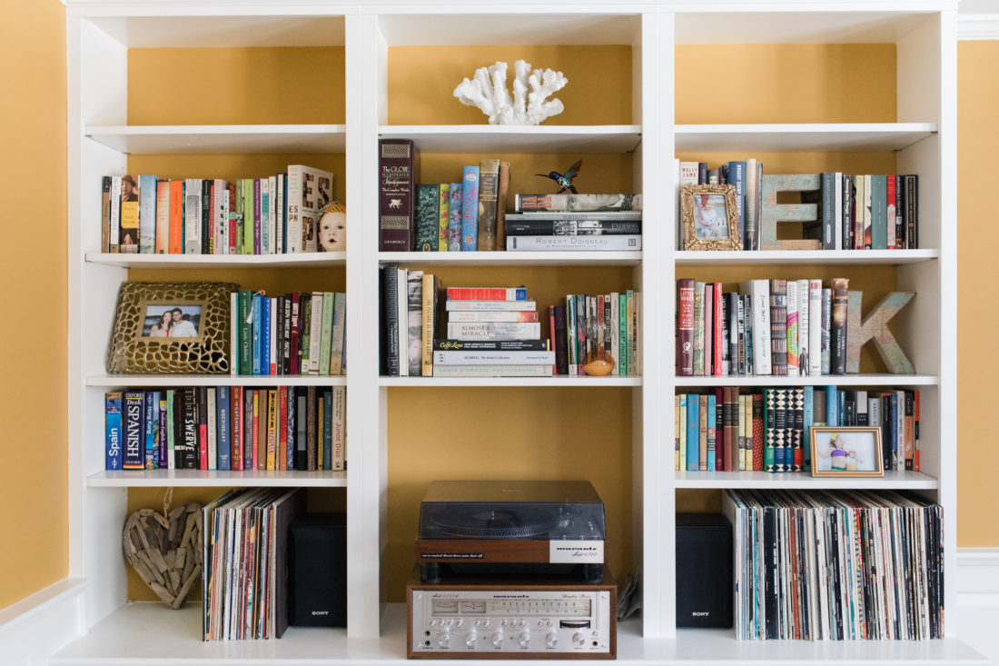 The bookshelf in the formal living room of Eva Amurri Martino's Connecticut home