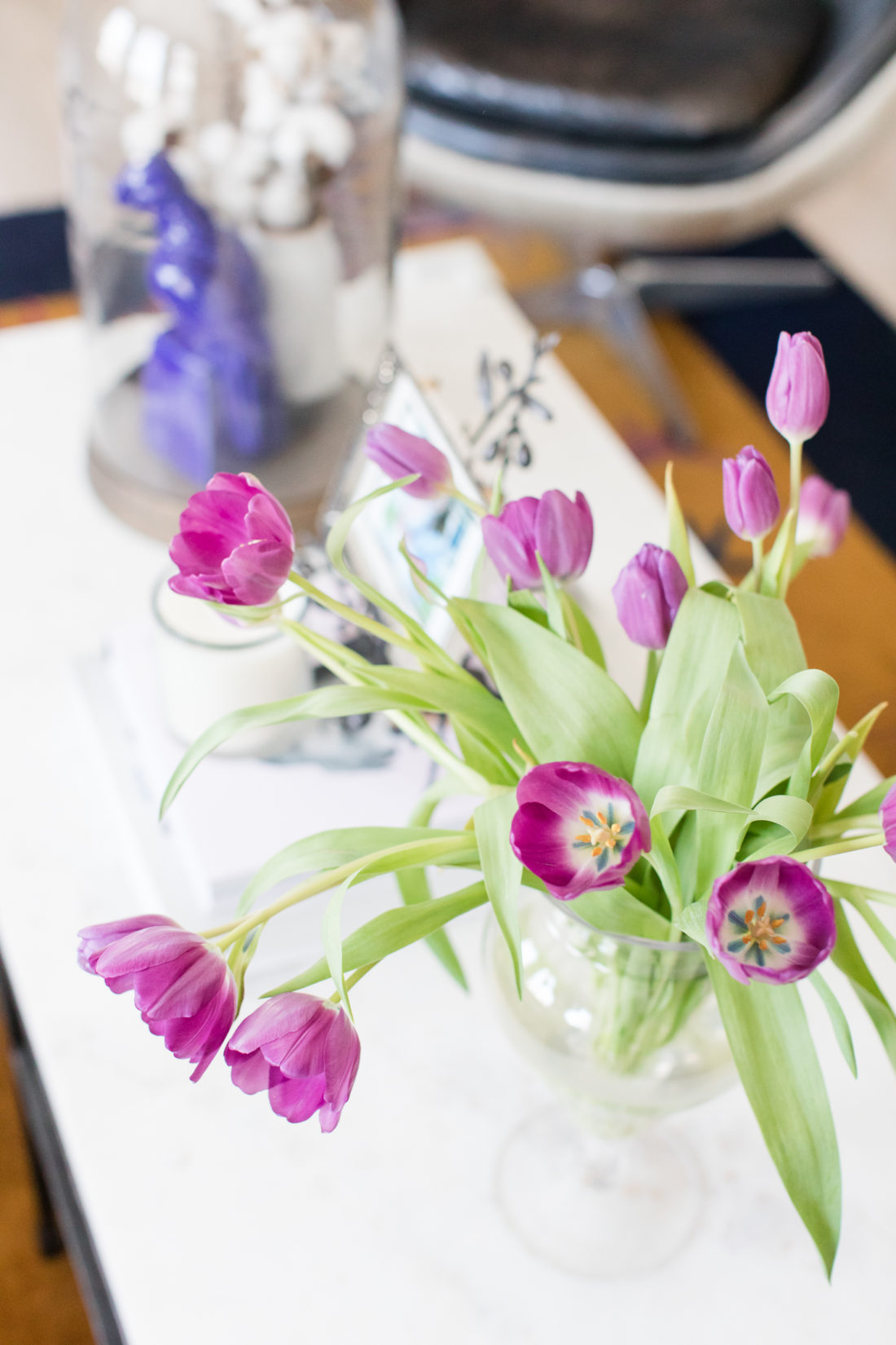 Purple tulips in full bloom on the coffee table of Eva Amurri Martino's Connecticut home