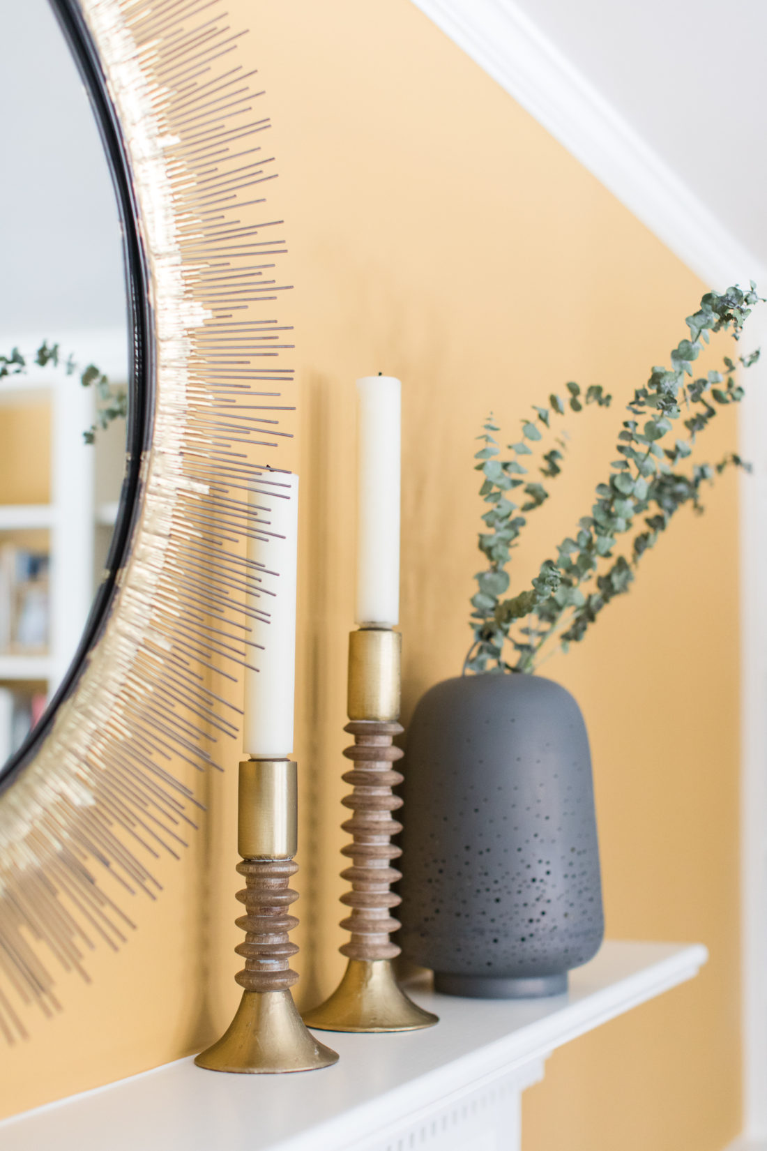gilded and industrial details on the mantle of Eva Amurri Martino's Connecticut home