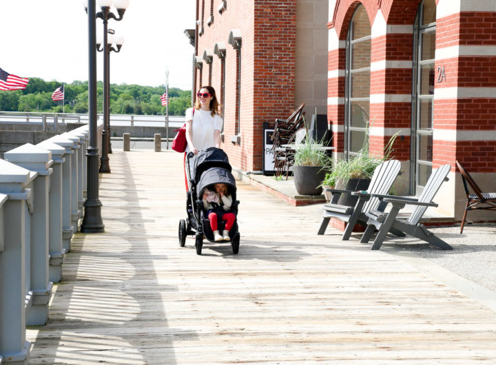 Eva Amurri Martino walks with her two children in a Baby Jogger Stroller down the street in downtown Westport