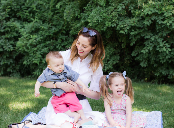 Eva Amurri Martino of lifestyle and motherhood blog REZTT relaxes on a picnic blanket with her two children Marlowe and Major