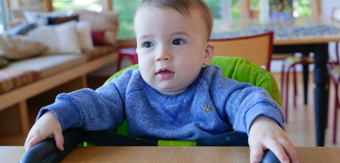 Major Martino sits in an Inglesina fast table chair at the dining room table