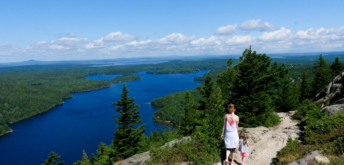 Eva Amurri Martino dons workout gear and hikes the cliff trails of Acadia National Park with two year old daughter Marlowe