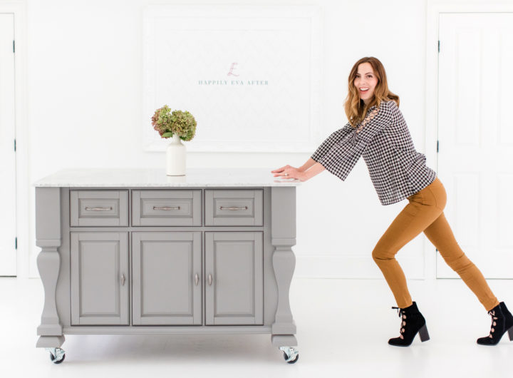 Eva Amurri Martino pushes her grey crafting island across the floor of the REZTT studio