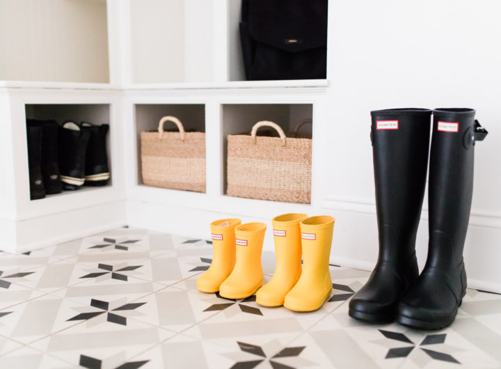 The black and white tiled mud room, with natural woven accents, in Eva Amurri Martino's Connecticut home