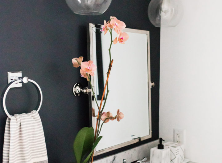 Eva Amurri Martino shares the full redesign of her black, white, and grey concept powder room in her Connecticut home