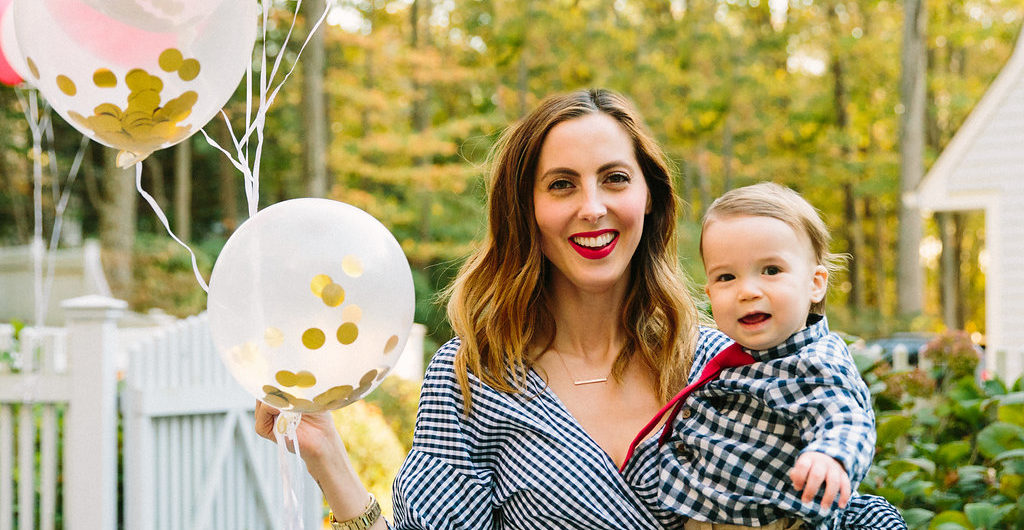 Eva Amurri Martino holds one year old son Major as they celebrate his first birthday with a teddy bear picnic themed party