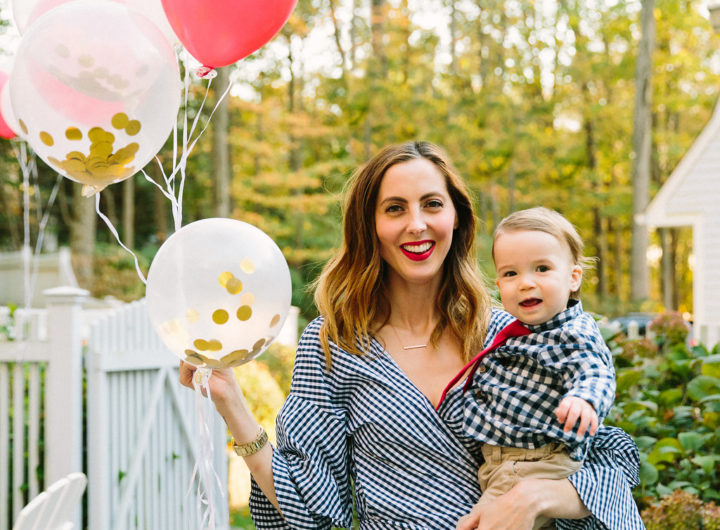 Eva Amurri Martino holds one year old son Major as they celebrate his first birthday with a teddy bear picnic themed party