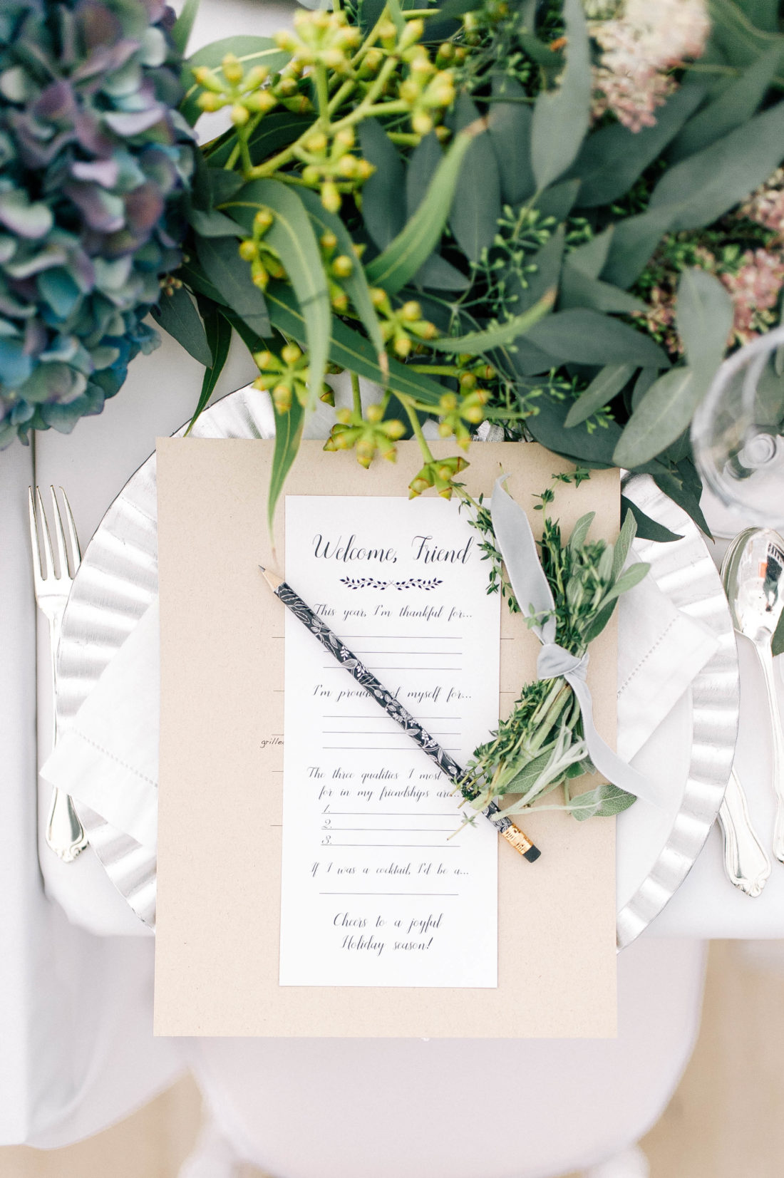 A place setting featuring a guest questionnaire at the Friendsgiving for No Kid Hungry at Eva Amurri Martino's Connecticut home