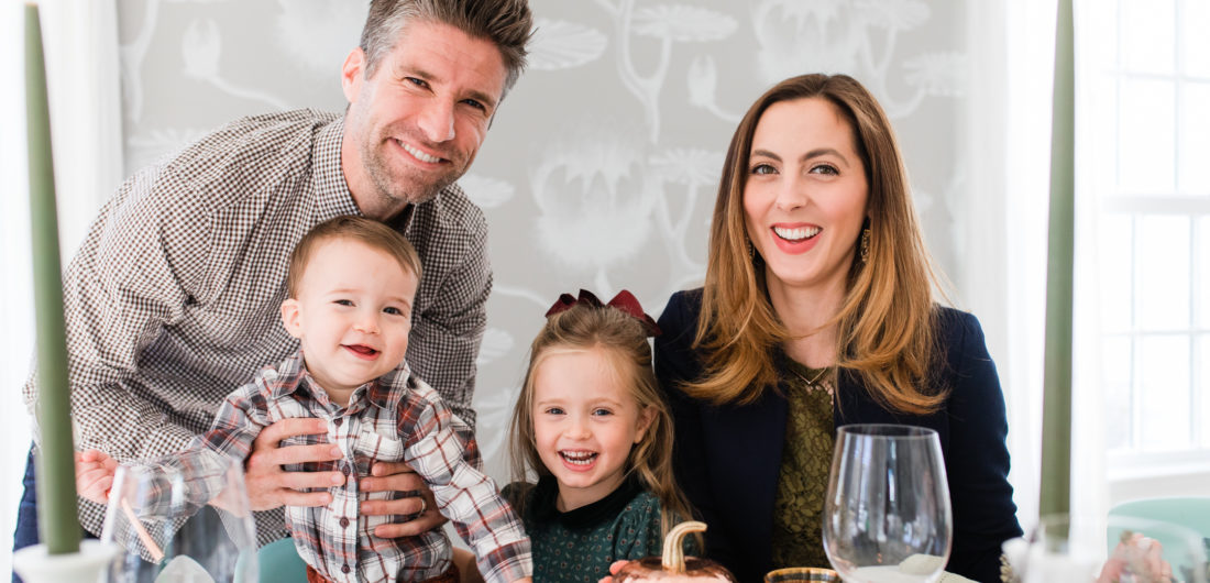 Eva Amurri Martino, Kyle Martino, and their children Major and Marlowe, gather around their copper and green Thanksgiving table to celebrate the holiday