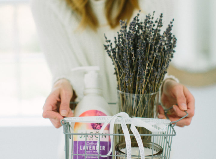 A wire basket filled with Lavender goodies curated by Eva Amurri Martino