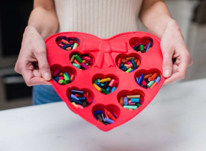 Eva Amurri Martino prepares to make crayon hearts out of bits of broken crayons in a heart mold