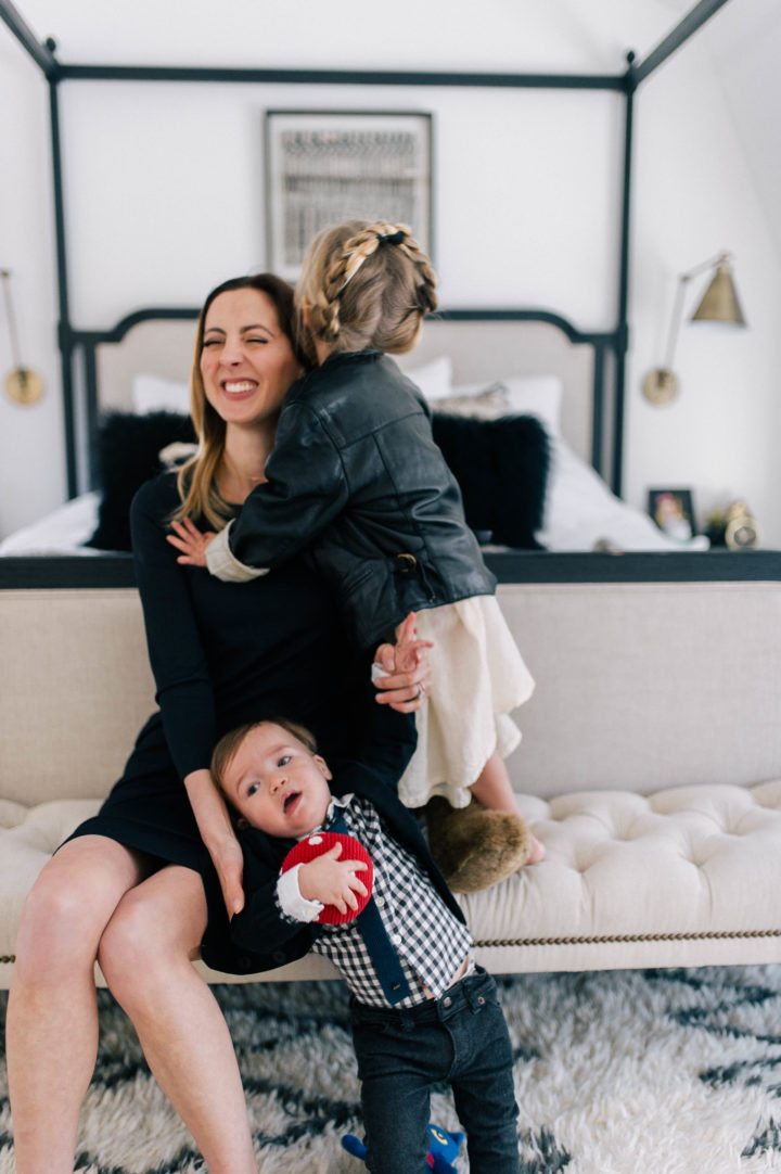 Eva Amurri Martino laughs with her daughter Marlowe and son Major at the foot of her bed in her house in Connecticut.