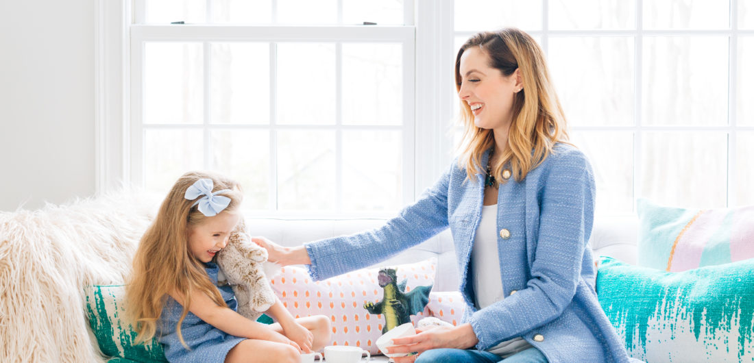 Eva Amurri Martino and daughter Marlowe wearing matching blue outfits