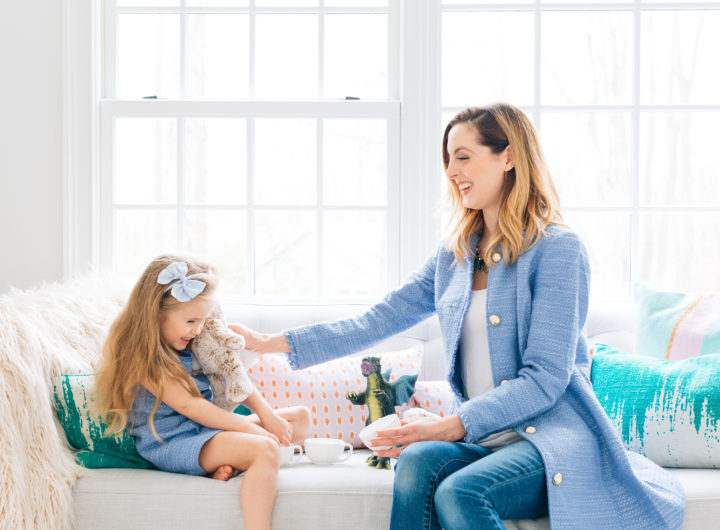 Eva Amurri Martino and daughter Marlowe wearing matching blue outfits