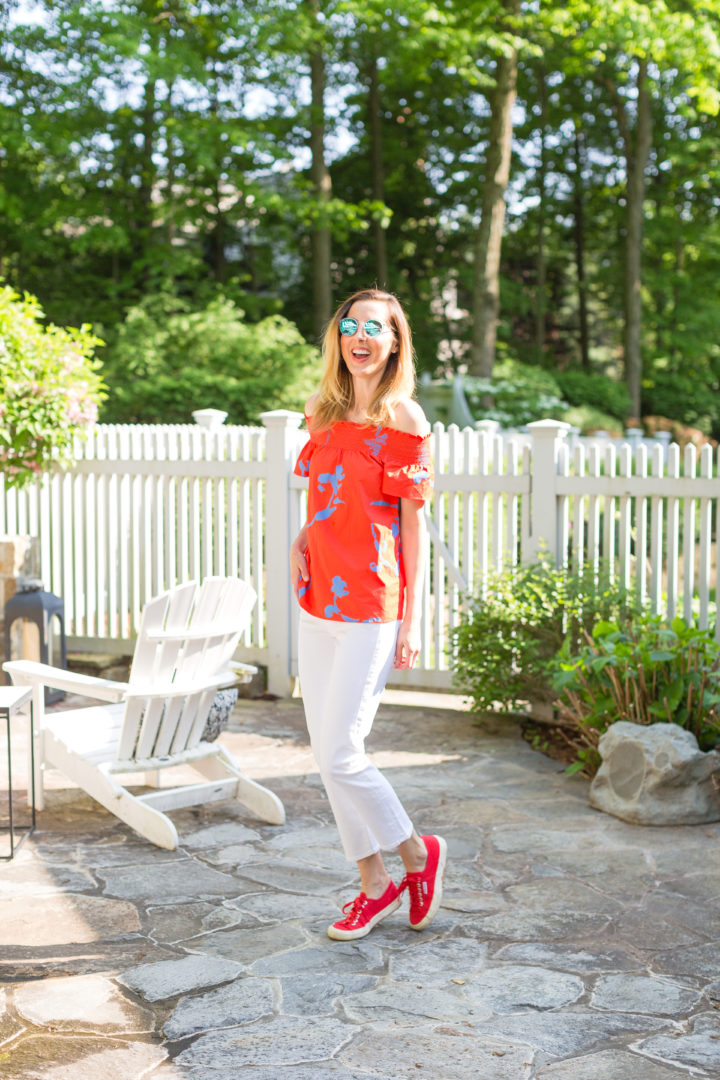 Eva Amurri Martino shows off her favorite white denim for summer in her backyard