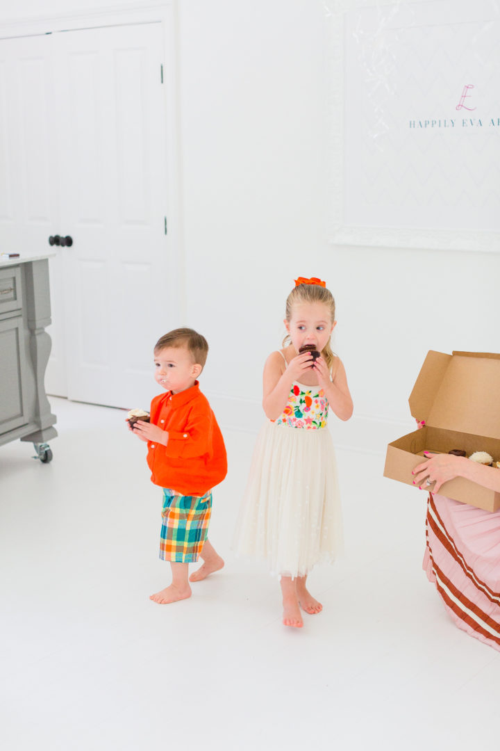 Eva Amurri Martino's kids Marlowe and Major scarf down cupcakes celebrating REZTT's 3rd birthday