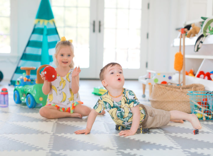 Eva Amurri Martino's daughter Marlowe and son Major play on the floor of their Connecticut home