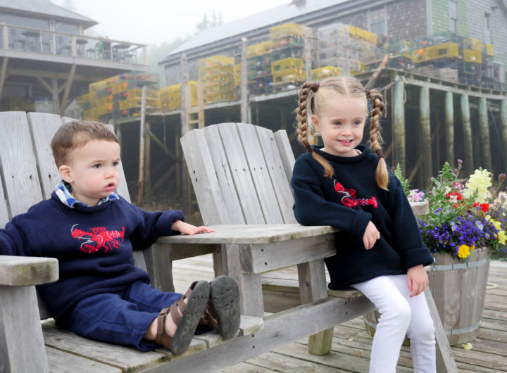 Eva Amurri Martino's kids Marlowe and Major sit in adirondack chairs in Bar Harbor, ME.