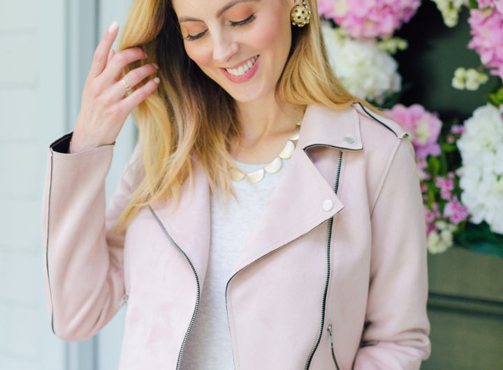Eva Amurri Martino wears a blush pink suede motorcycle jacket for fall