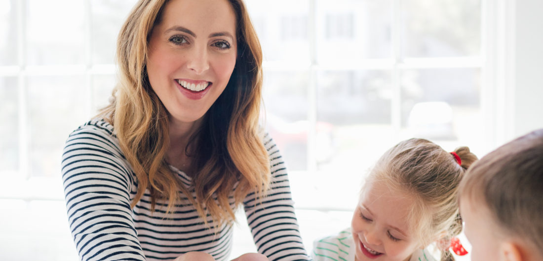 Eva Amurri Martino of REZTT plays with her kids Marlowe and Major on the floor of their new home in Connecticut