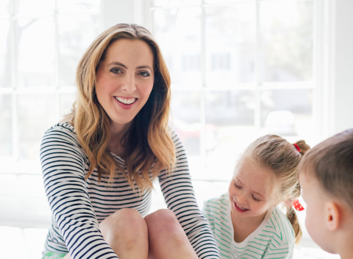 Eva Amurri Martino of REZTT plays with her kids Marlowe and Major on the floor of their new home in Connecticut