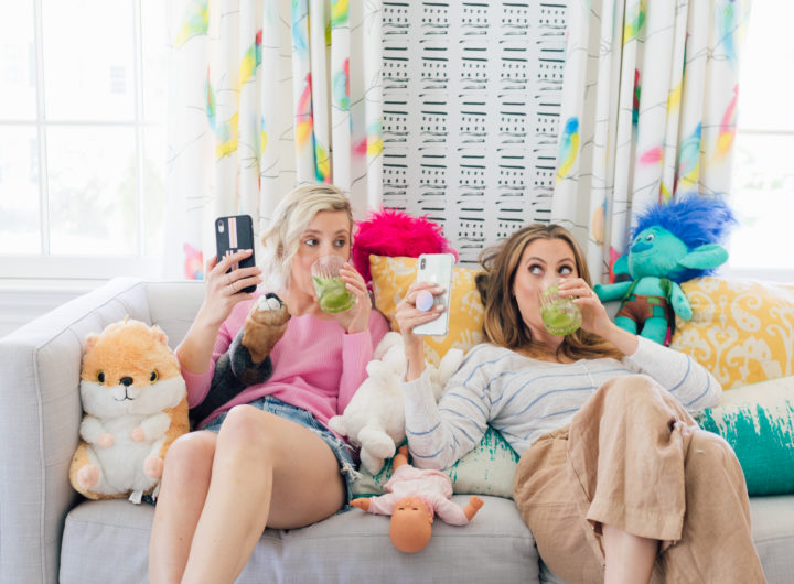 Eva Amurri Martino of REZTT and Julia Dzafic of Lemon Stripes sit on a couch in the Martino house drinking Margaritas and reminiscing on their parenting style