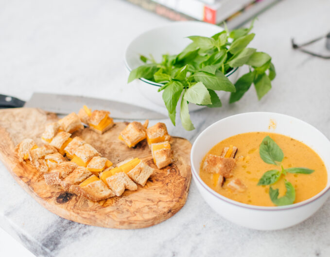 Eva Amurri Martino shares her Heirloom Tomato Soup With Grilled Cheese Croutons recipe