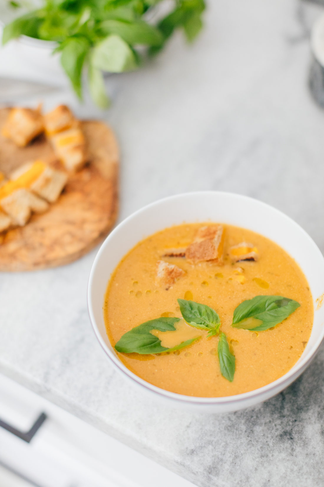 Eva Amurri Martino shares her Heirloom Tomato Soup With Grilled Cheese Croutons recipe