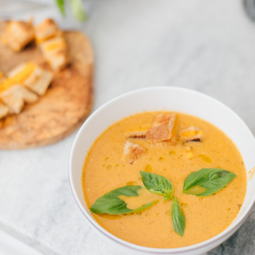 Eva Amurri Martino shares her Heirloom Tomato Soup With Grilled Cheese Croutons recipe