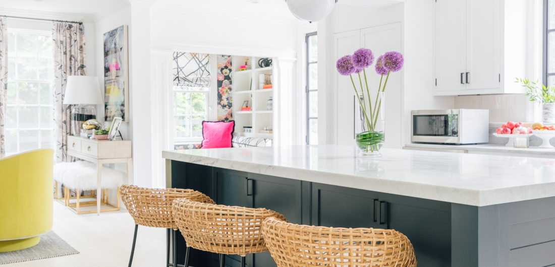 The dark black island, and beautiful white cherokee marble are on prime display in Eva Amurri Martino's renovated Connecticut kitchen