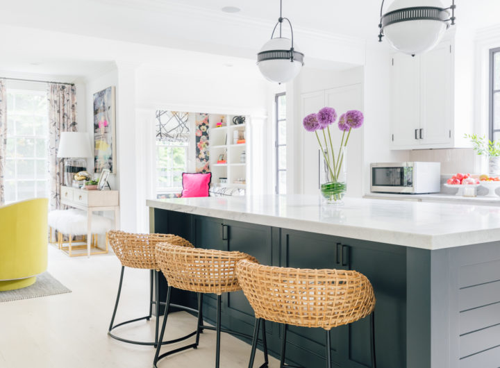 The dark black island, and beautiful white cherokee marble are on prime display in Eva Amurri Martino's renovated Connecticut kitchen