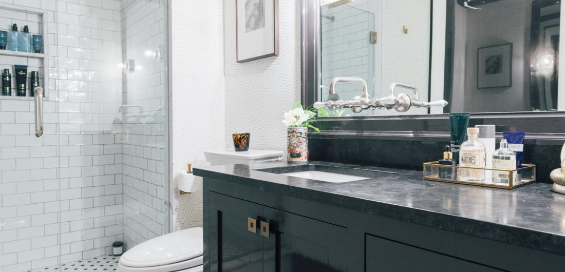 Kyle Martino's masculine bathroom in his newly renovated Connecticut home