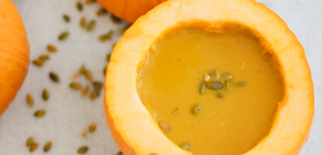 Eva Amurri Martino eats the easiest pumpkin soup ever out of a mini pumpkin