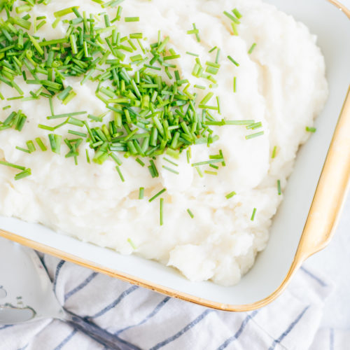 Eva Amurri Martino's Garlicky Goat Cheese & Chive Whipped Potatoes recipe is a great cows milk free Thanksgiving side dish