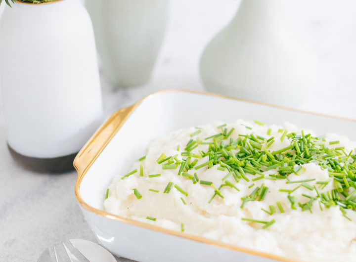 Eva Amurri Martino's Garlicky Goat Cheese & Chive Whipped Potatoes recipe is a great cows milk free Thanksgiving side dish