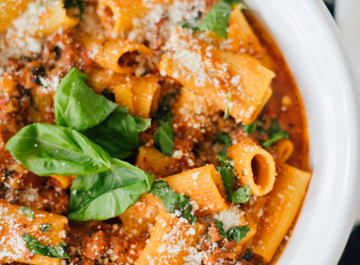 Blogger Eva Amurri shares an easy one-pot creamy sausage and pepper pasta recipe