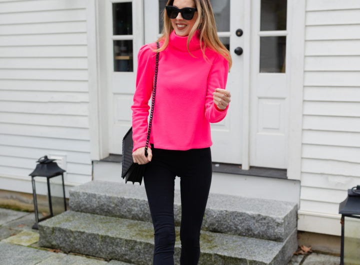 Eva Amurri wears the new Dudley Stephens Palmer Puff Sleeve Fleece in Neon Pink